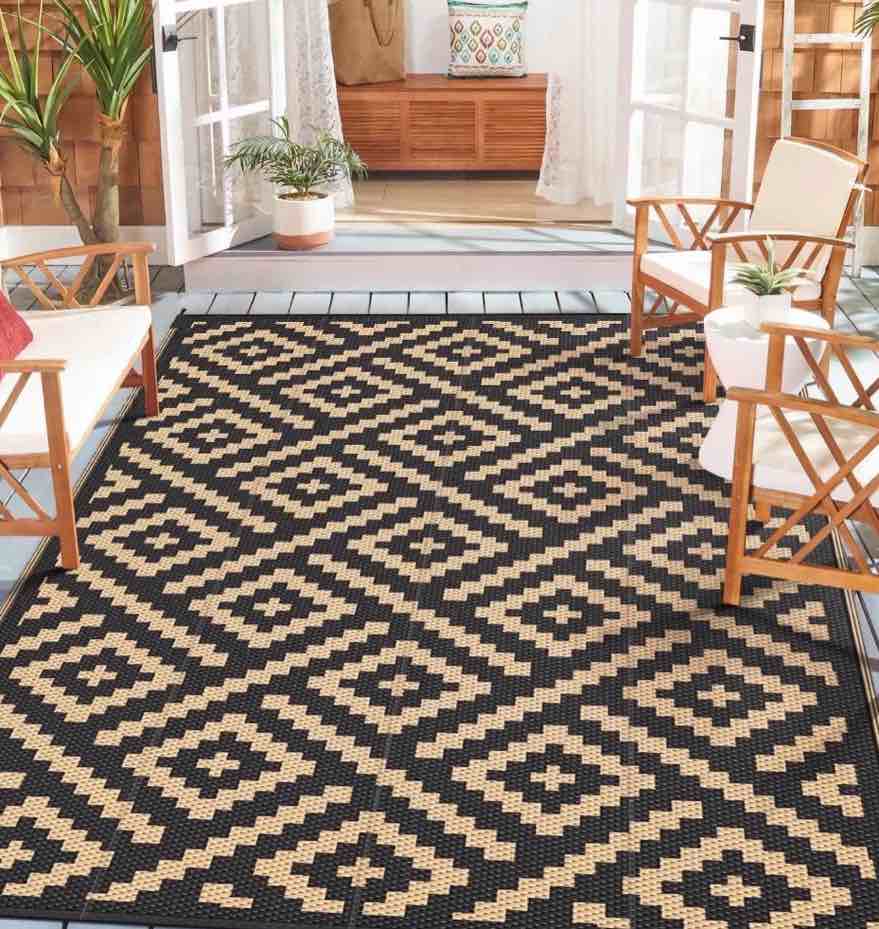 deorab 10 x14  outdoor rug patio waterproof mat reversible plastic camping carpet  black&brown