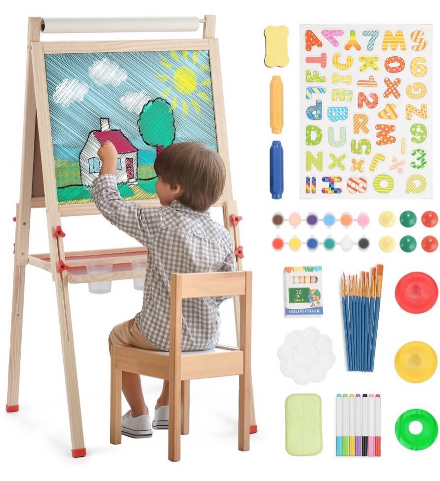 art easel for kids with paper roll, adjustable double side art drawing standing chalkboard for toddlers 3-12, boy & girls wooden gift & art supplies for toddler