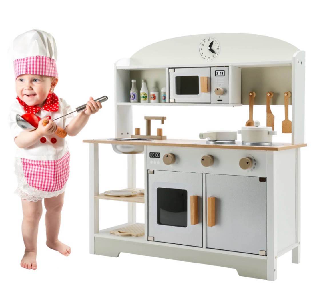 kids play kitchen set toy  wooden pretend chef cooking play set with microwave  pan  sink  cookware accessories kitchen set for toddlers  boys  girls  gift for ages 2+