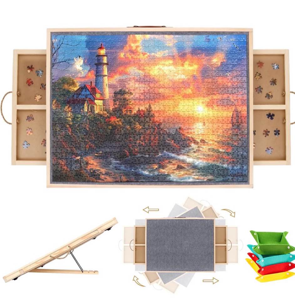1500 piece puzzle board with 4 sliding drawers and felt cover, 2 in 1 rotating tilting puzzle board, 35 x 27 wood puzzle tray for adults and kids, lazy spinning puzzle gift
