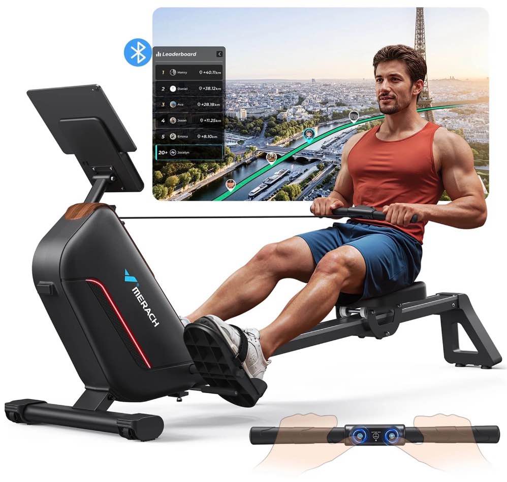 merach rowing machines for home, quiet row machine with 51.2" extended rail, 16-level powerful magnetic rower and 350 lbs weight capacity