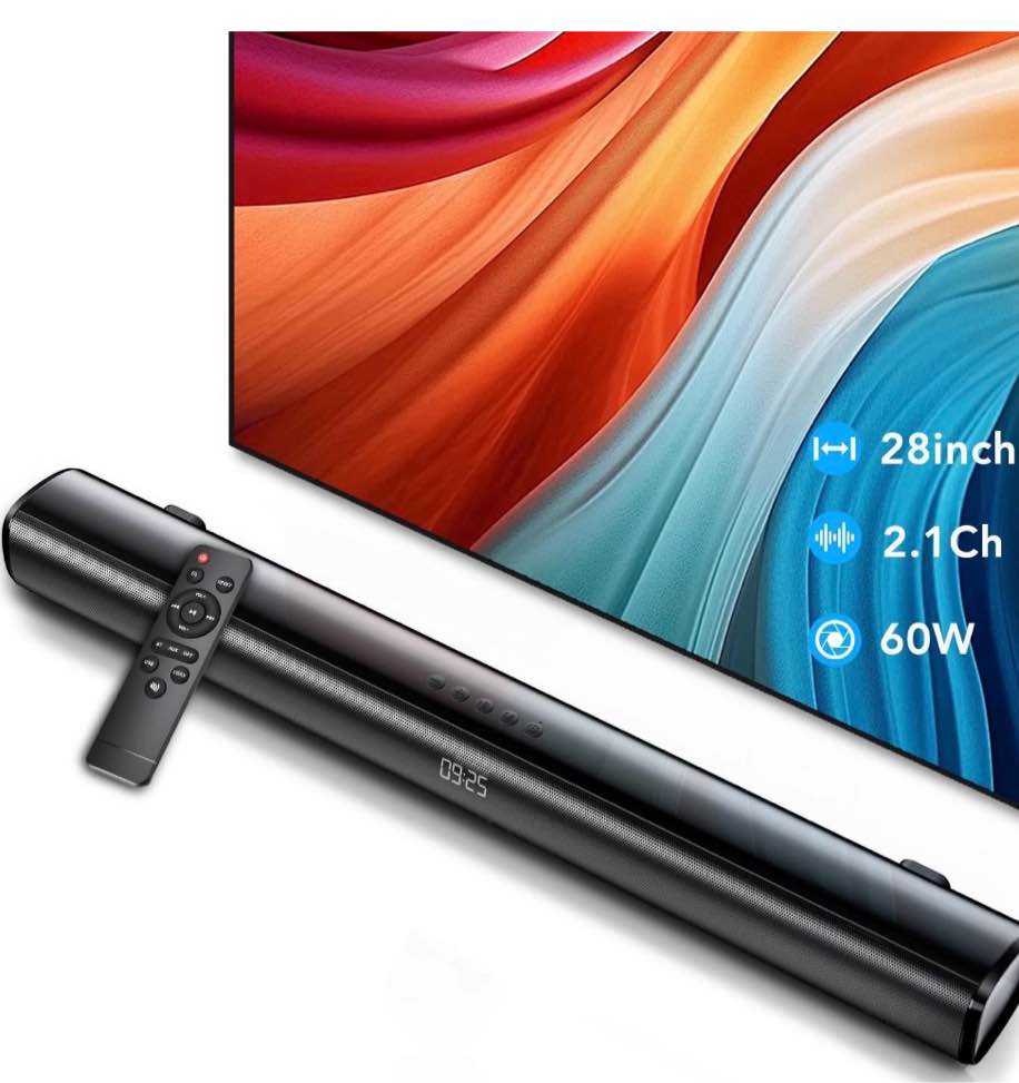sound bar for tv, 60w soundbar tv speakers, 2.1 ch home theater with subwoofer boost, 3 equalizer modes, soundbar for tv/pc/gaming/projectors, bluetooth, opt, cox, usb & aux wall mountable