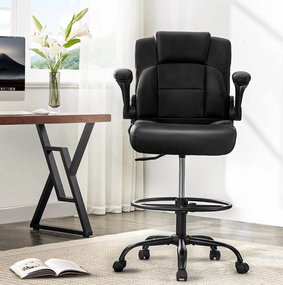 jonpony 500 lbs tall office chair with flip-up armrests for standing desk executive ergonomic computer leather desk chair with lumbar support, adjustable foot ring for home,black