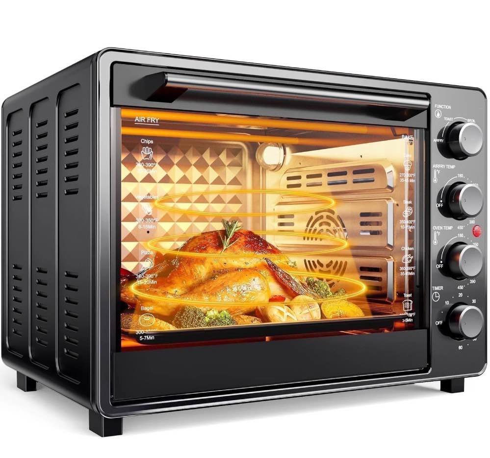 34 qt super-large  air fryer, oil-less air fryer toaster oven combo with pizza, warm, broil, toast, bake, air fry, 5  functions - black