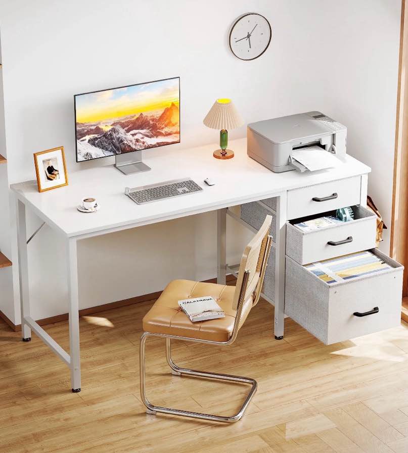 casacomoda 48 inch computer desk with fabric drawers & file cabinet, home office desk for small space, vanity desk for bedroom, white