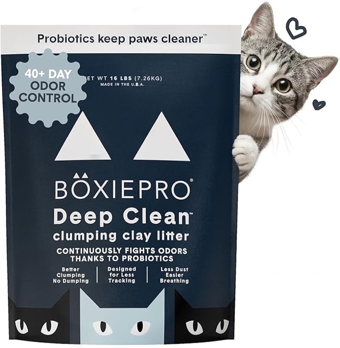 boxie probiotic cat litter, 40 day odor control, clumping clay kitty litter, odor eliminating probiotics, dust-free, no fragrances no fillers, 28 lb pro 28 lb