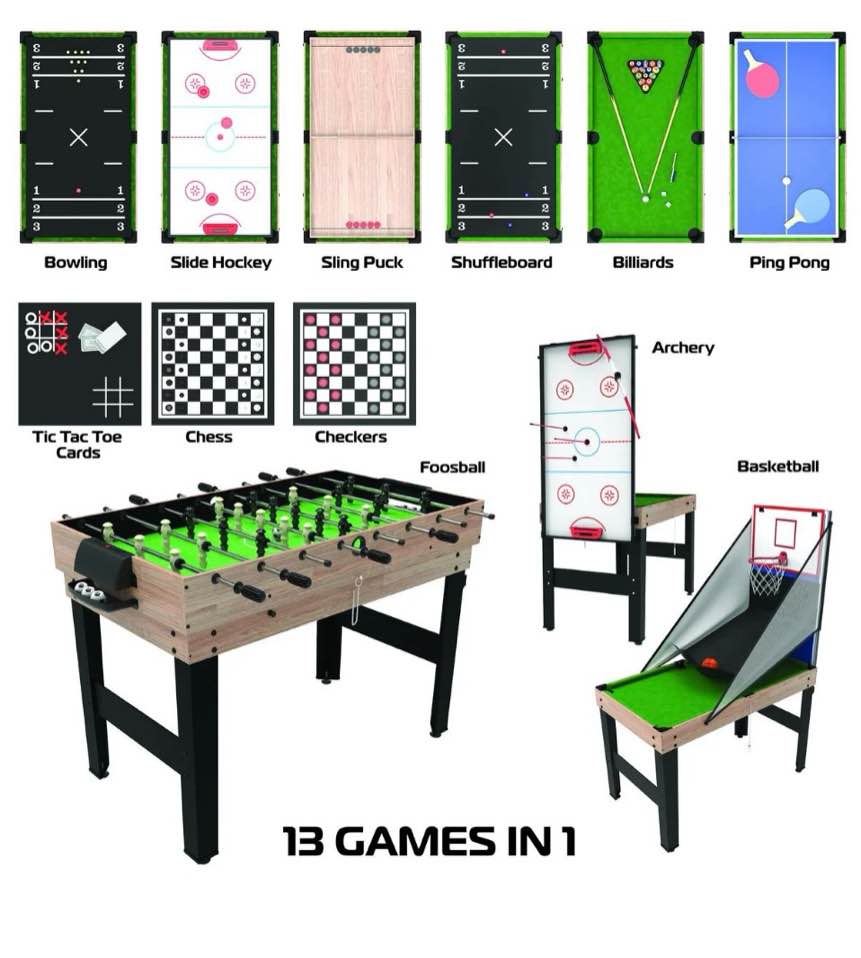realplay tzumi 13-in-1 multi game table for arcade games of foosball, air hockey, and more