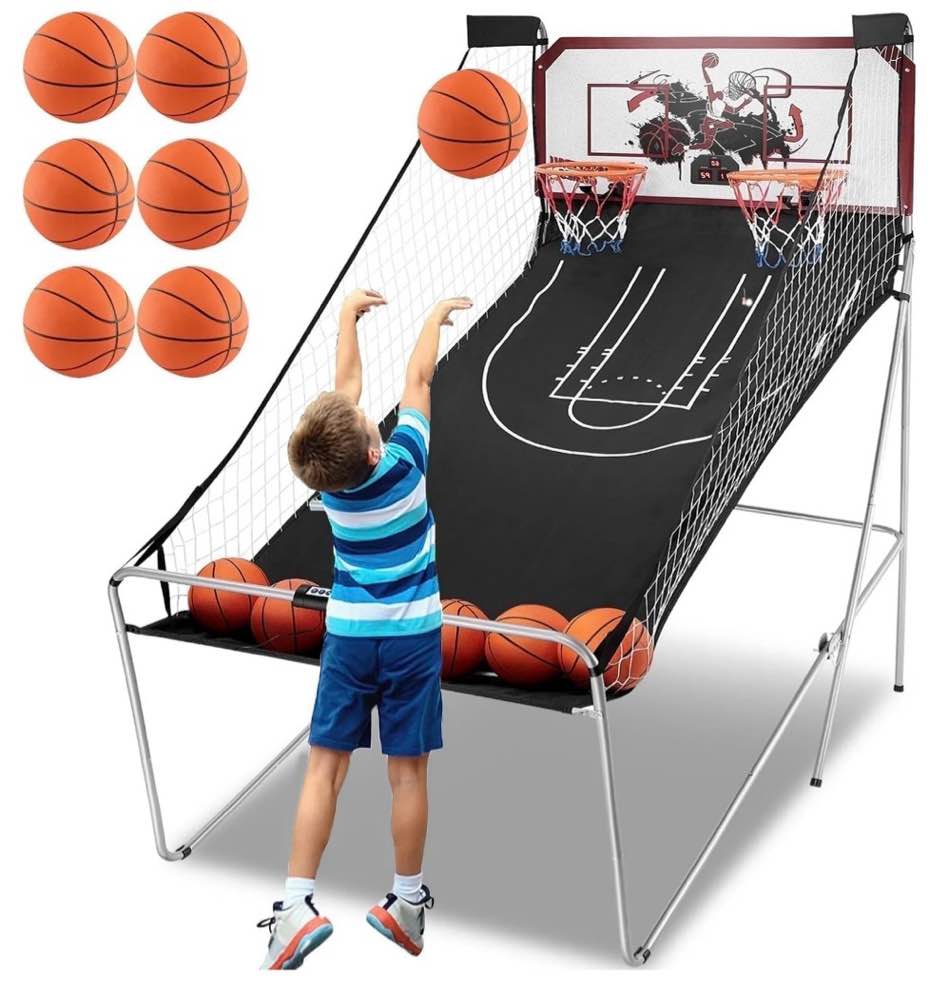 dual shot basketball arcade game, segmart 81"x44" foldable indoor electronic arcade basketball game with 6 balls, 8 modes, led scoreboard, air pump, battery powered for adults, black
