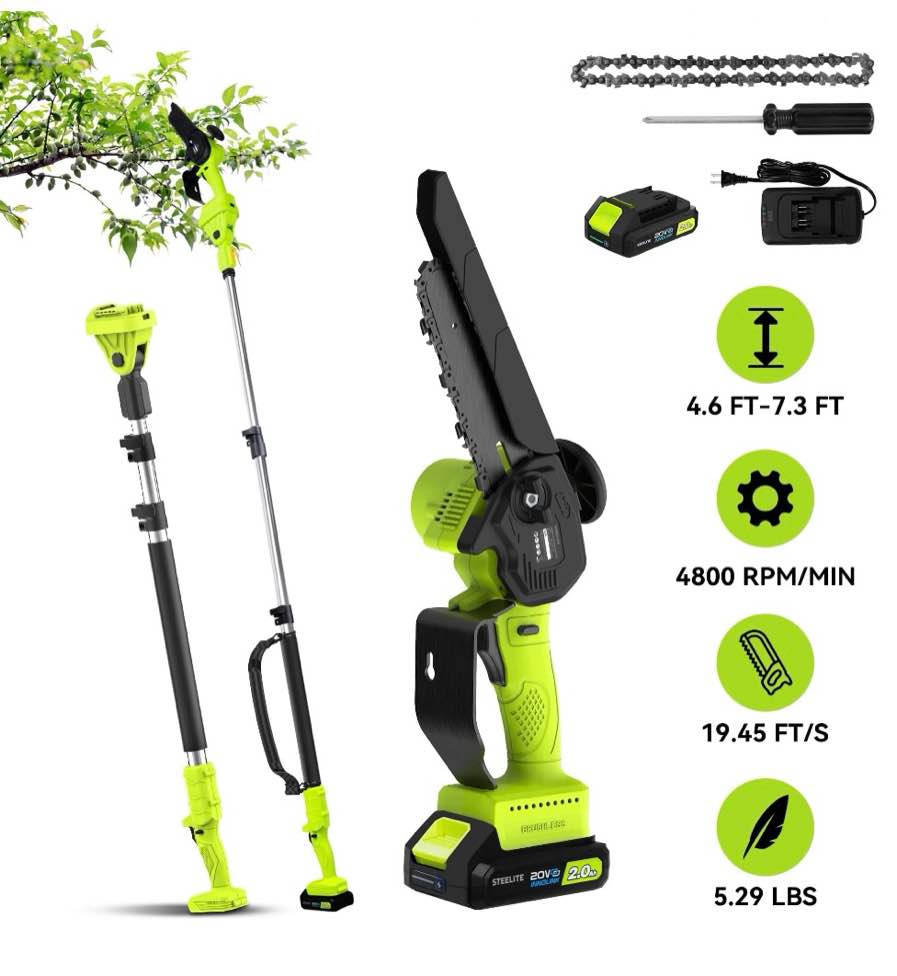 steelite 2-in-1 cordless pole saw & 6" electric mini chainsaw,21v 2.0 ah battery powered brushless pole chainsaw ,13 ft max reach for tree trimming,5.29 lbs lightweight,with replacement chain