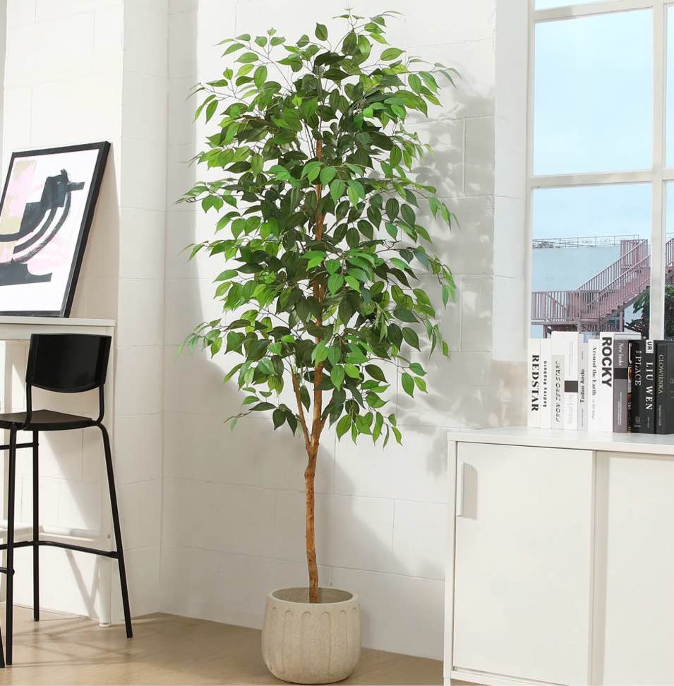 6ft artificial ficus tree with natural wood trunk and lifelike leaves, silk fake potted tree with wood branches, faux tree for office home decor
