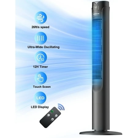 41 tower fan 90° oscillating fans with 3 speeds 3 modes 26 ft/s high velocity led display with remote 12h timer for home living room office