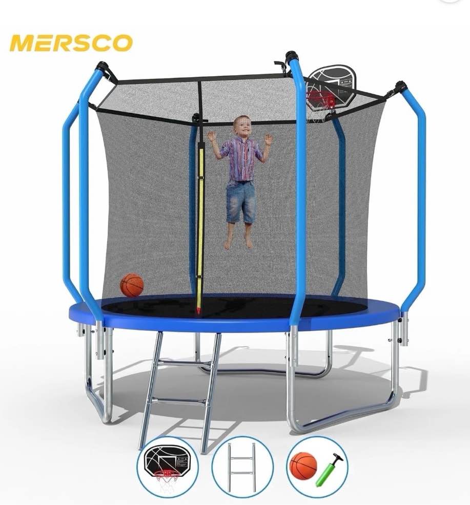 mersco 8ft trampoline for kids and adults,no-gap design outdoor trampoline with basketball hoop,enclosure net and ladder,jumping trampoline super for boys and girls birthday gift,blue