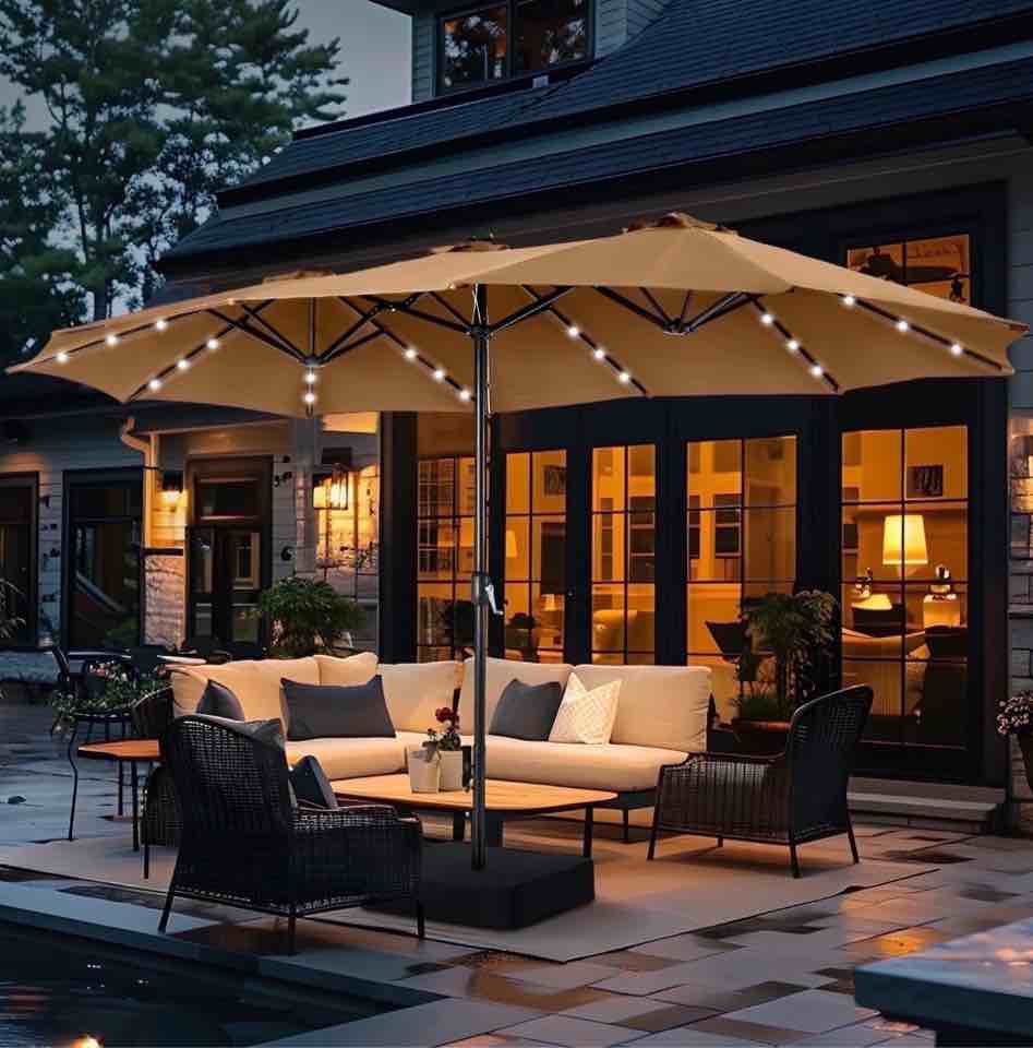 summit living 15 ft double-sided solar patio umbrella with base large outdoor umbrella with led solar lights - brown