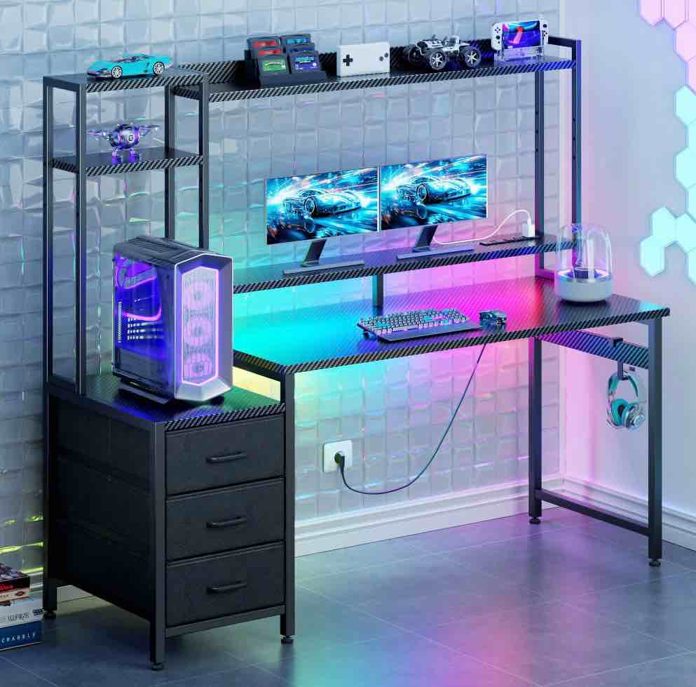 casacomoda 55 inch gaming desk with led lights & power outlets, home office desk with reversible storage drawers & monitor shelves, carbon fiber black