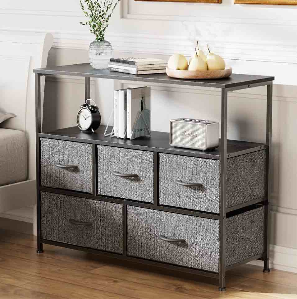 edx tv stand with 5 drawer dresser open shelves, fits tv up to 45 inches, grey