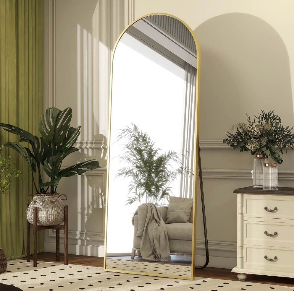 beautypeak arched 64.1"x21.1" full length mirror floor mirror sturdy mdf mirror with stand full body mirror, gold 21.1"w x 64.1"h