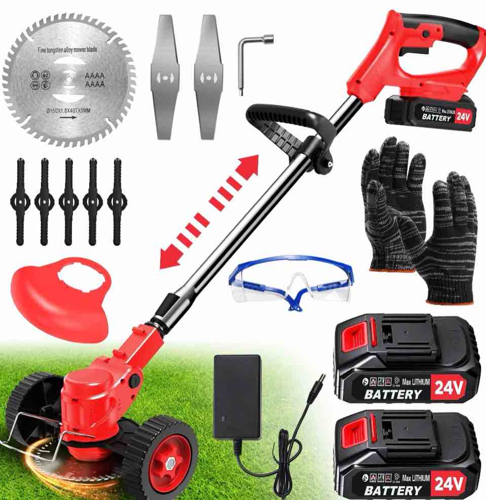 tntants electric weed wacker  cordless string trimmer with wheels  2pcs 24v batteries  3 types of blades  adjustable length  weed eater grass trimmer/edger/brush cutter for lawn yard garden (red)