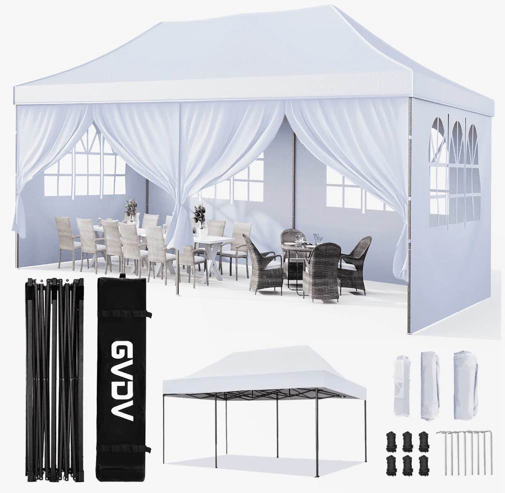 gvdv 10' x 20' pop up canopy tent party tent outdoor event instant tent gazebo with removable sidewalls and carry bag, white