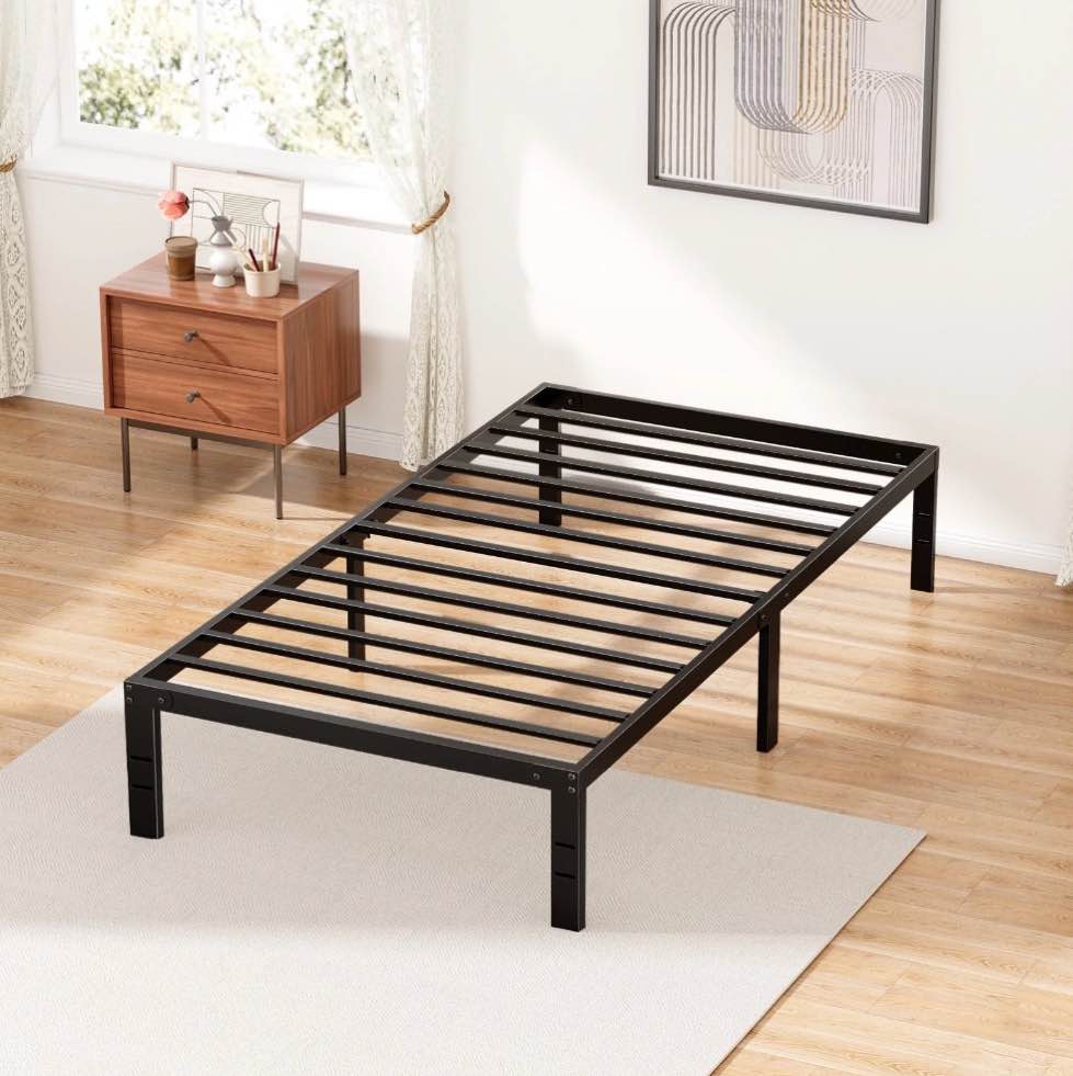 edx 14 inches twin bed frame, heavy duty metal platform with storage space under frame, no box spring needed twin size bed frame, black