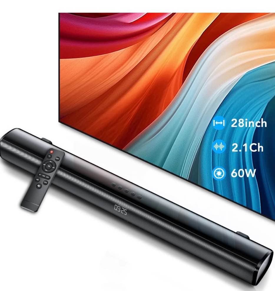 sound bar for tv, 60w soundbar tv speakers, 2.1 ch home theater with subwoofer boost, 3 equalizer modes, soundbar for tv/pc/gaming/projectors, bluetooth, opt, cox, usb & aux wall mountable