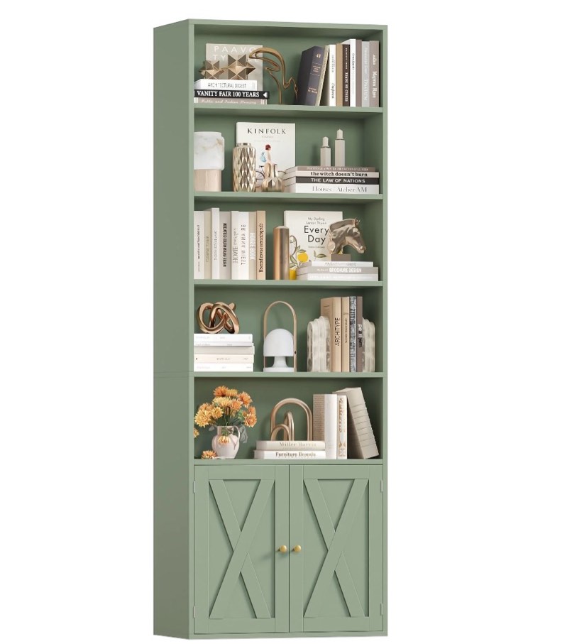 hiphuta 81.5" tall bookcase with doors, 5-tier bookshelves with storage, 23.6"w display shelf with 2 doors for home office, living room, green