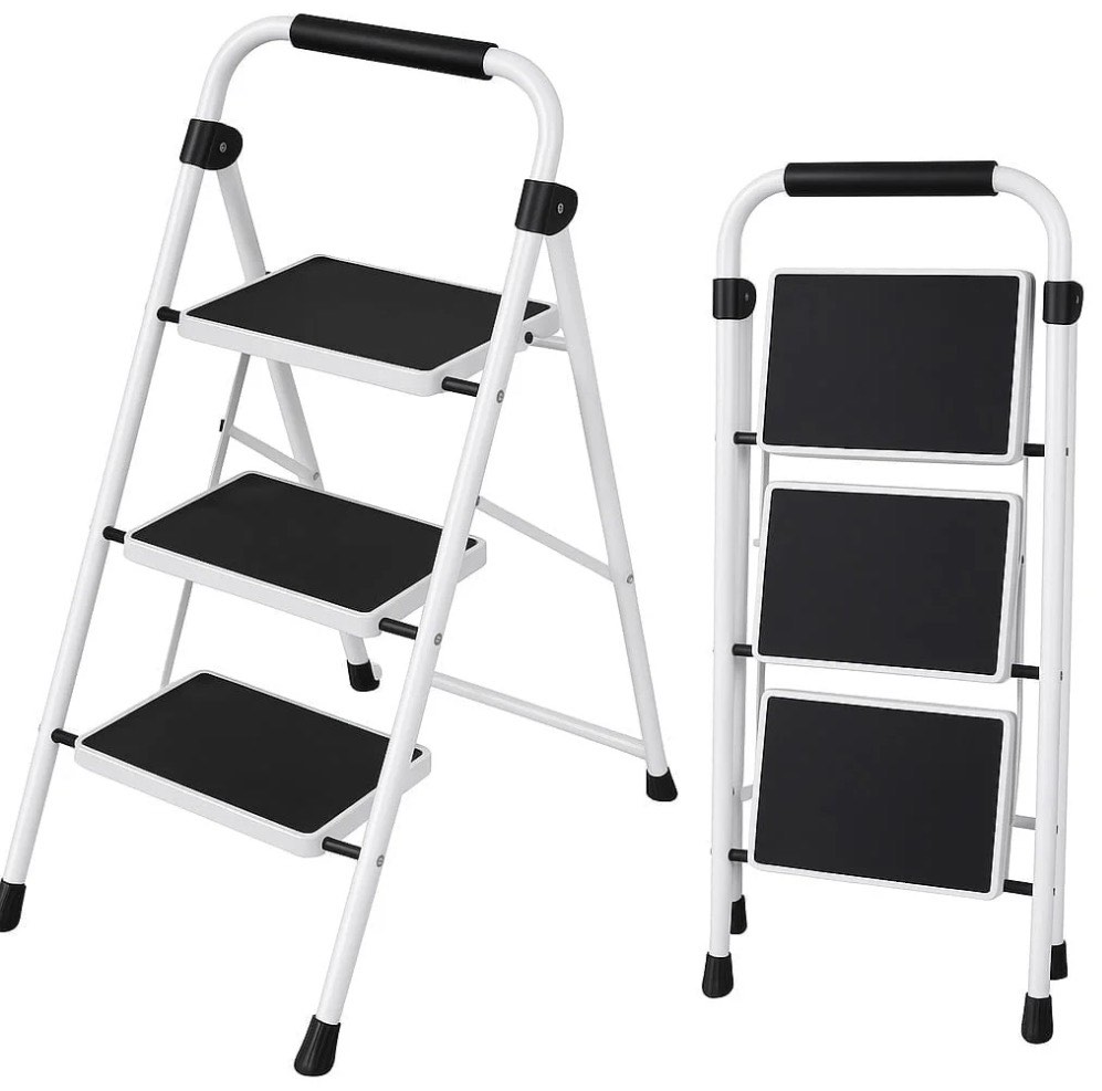 edx 3-step folding step stool for adults - 330 lbs capacity, sturdy steel frame, wide non-slip pedal & top handrail, lightweight portable ladder for home kitchen, black