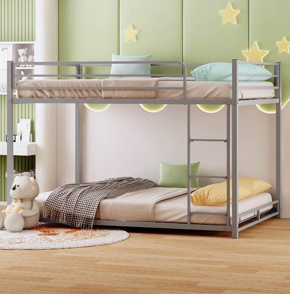 zimtown full-over-full bunk bed, low profile junior bunk bed frame, gray