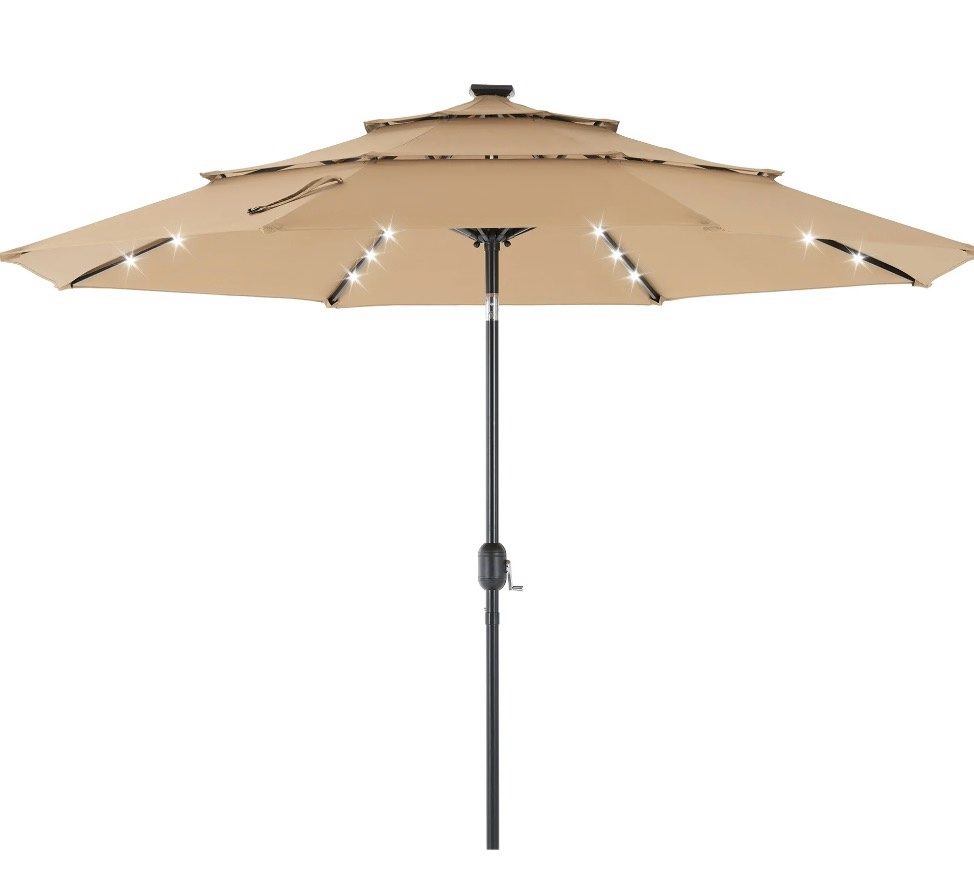 edx 10ft 3-tier solar led patio umbrella with tilt adjustment and uv-resistant polyester fabric, outdoor market umbrella, khaki