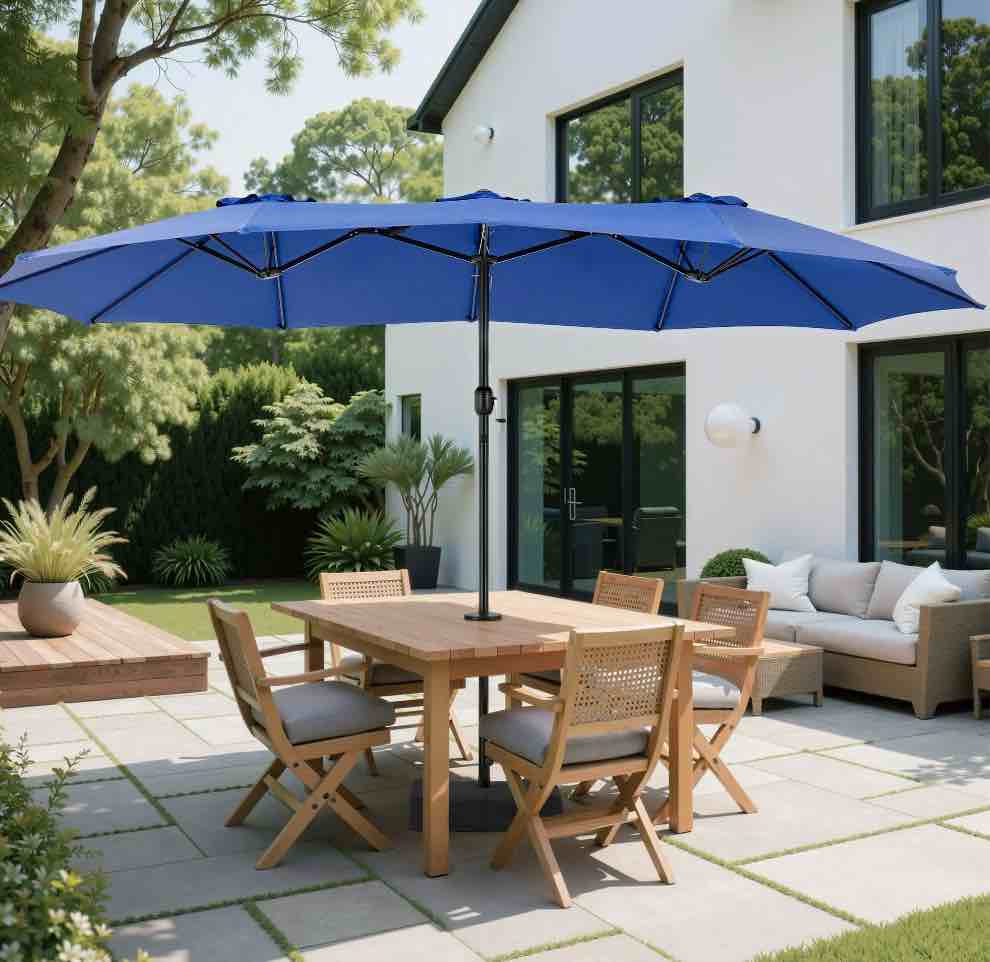 edx 15ft patio umbrellas (base included), large outdoor double-sided rectangle market umbrella with stand for poolside, lawn, and backyard, navy blue