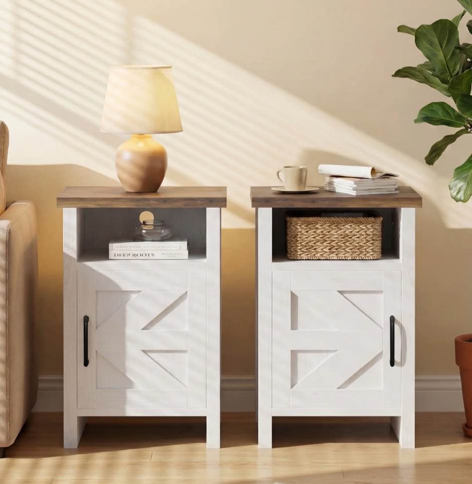 homall farmhouse nightstand set of 2 with shelf and barn door wood modern beside tables for bedroom living room, white