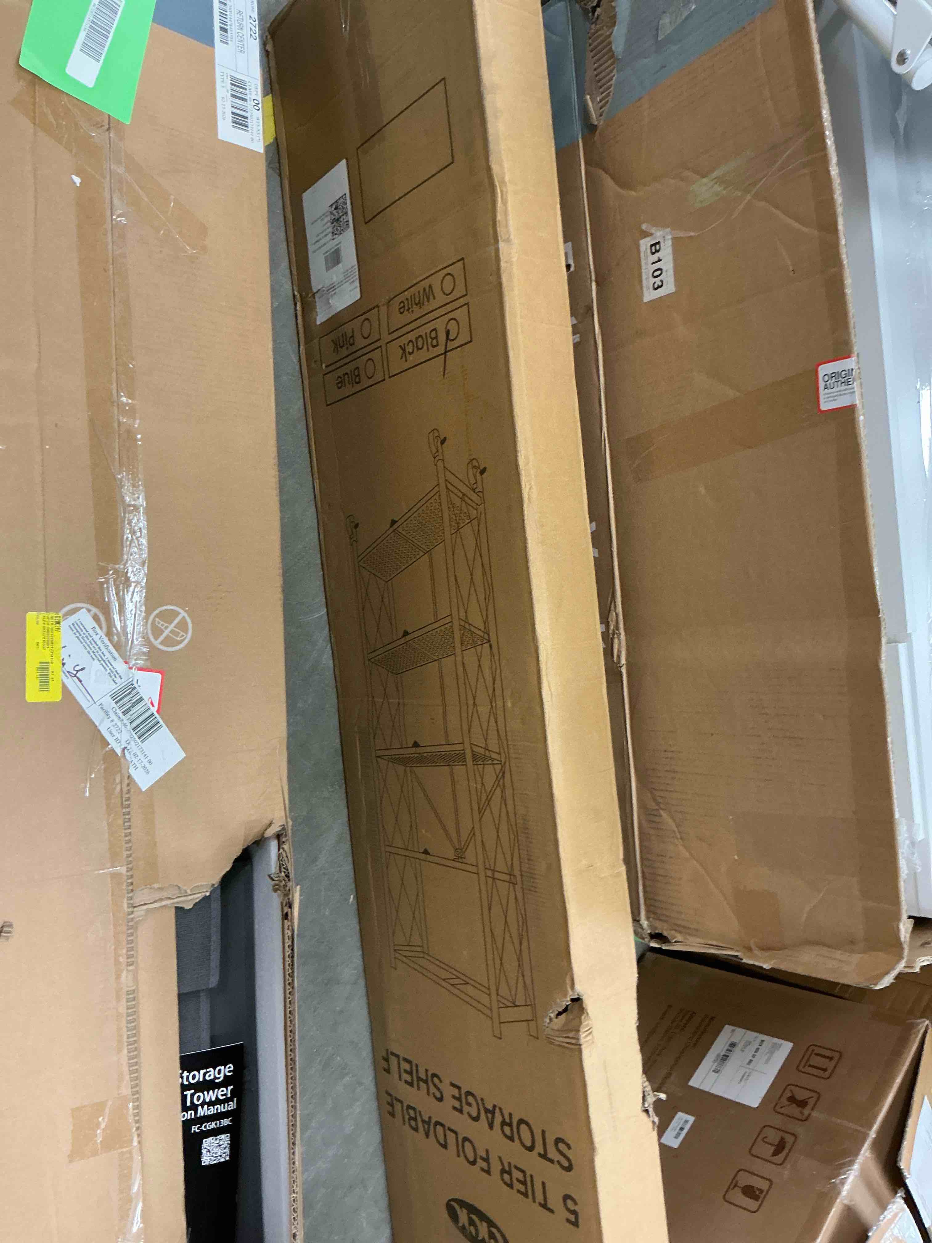 Condition photo showing Good Condition for cookcok 5-tier storage shelving unit, metal shelf 27.9"x13.4"x62.5, foldable storage shelf with wheels, garage shelf, metal storage rack, kitchen shelf with 4 hooks, no assemble require
