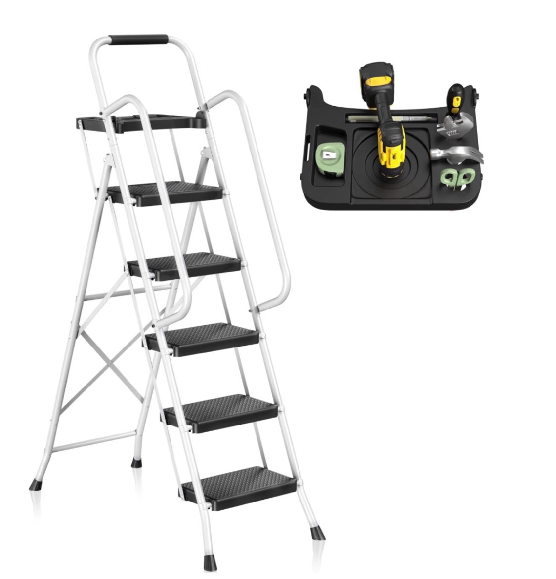 joz folding 5-step ladder  800lbs  with handrails and tool tray and anti-slip pedal  white