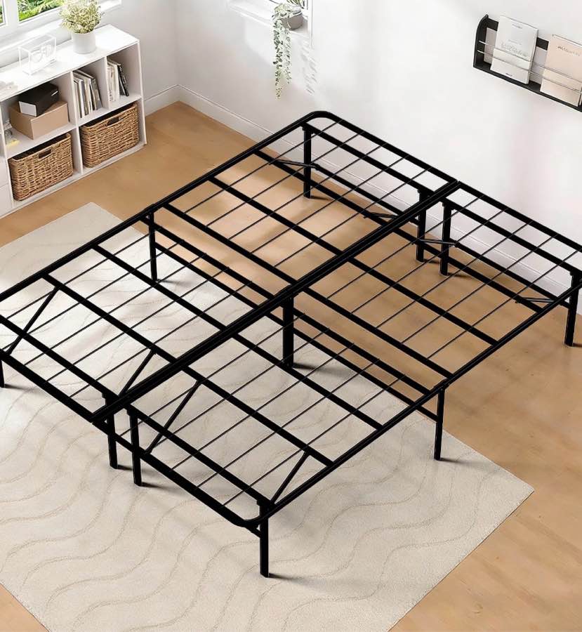 housniflex heavy duty foldable metal queen size bed frame, no assembly steel platform with rounded corners, 14 inch high, easy storage, black