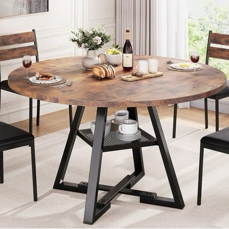 cocosity 47 inch wood kitchen table for 4 round dining table with storage shelf for home dining room living room brown