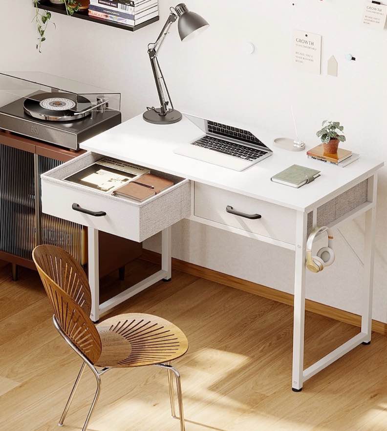 casacomoda 32 inch writing desk with 2 fabric drawers, modern study table with storage for student/kids, small computer desk for small space, home office desk, pure white