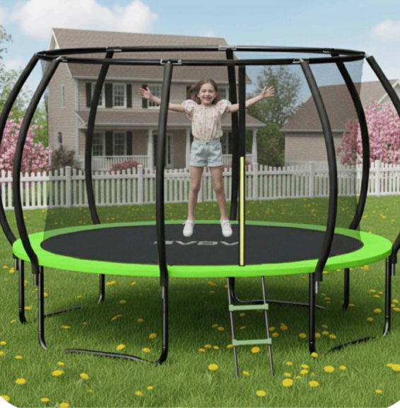 gvdv outdoor trampoline, 10' backyard recreational pumpkin trampoline for kids with enclosure
