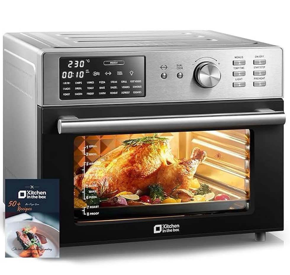 kitchen in the box 32qt digital air fryer toaster oven combo  21-in-1 convection oven with rotisserie & dehydrate  family-size countertop oven with 6 accessories  1800w  silver