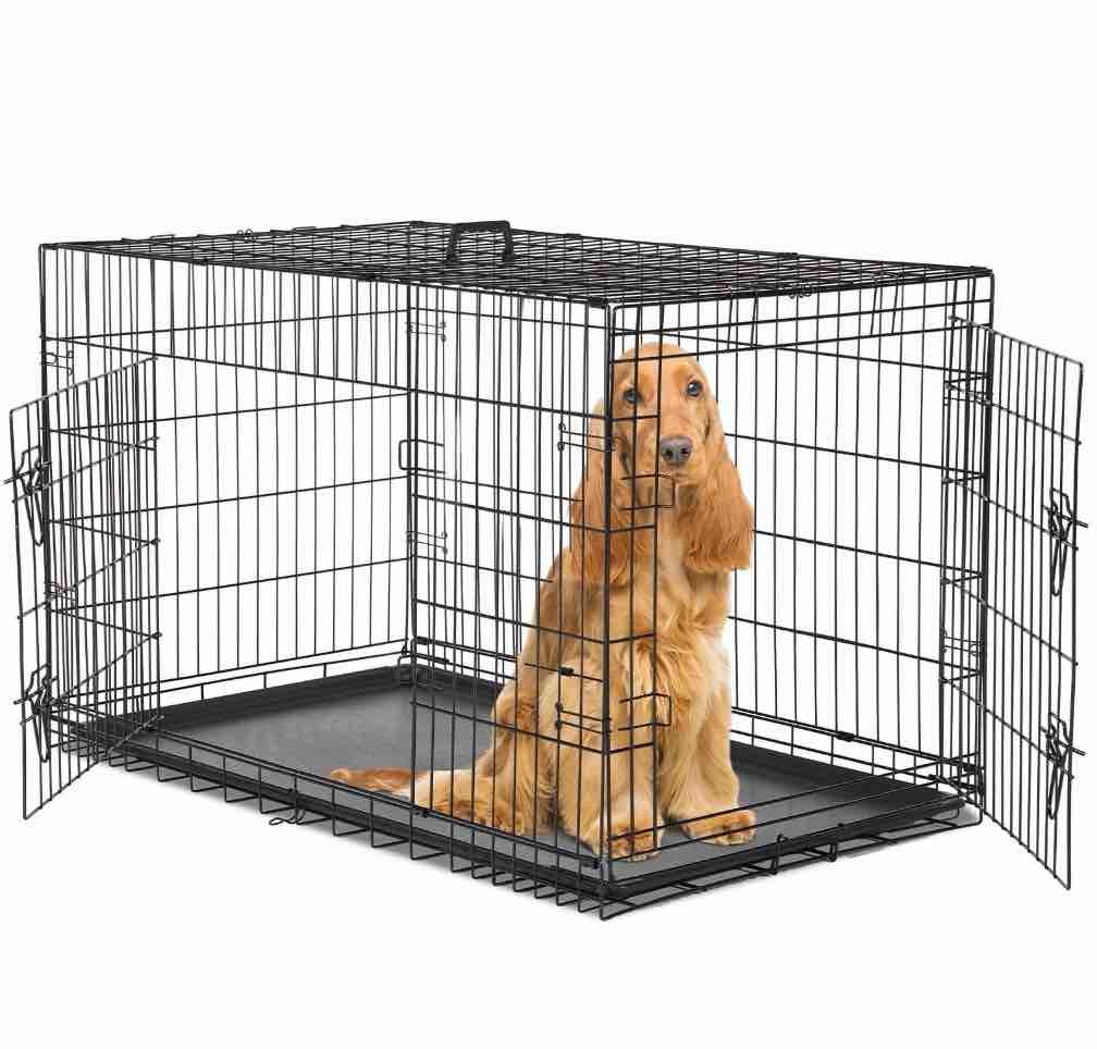concetta 48 inch double-door folding dog crate, portable small cage with divider, leak-proof tray