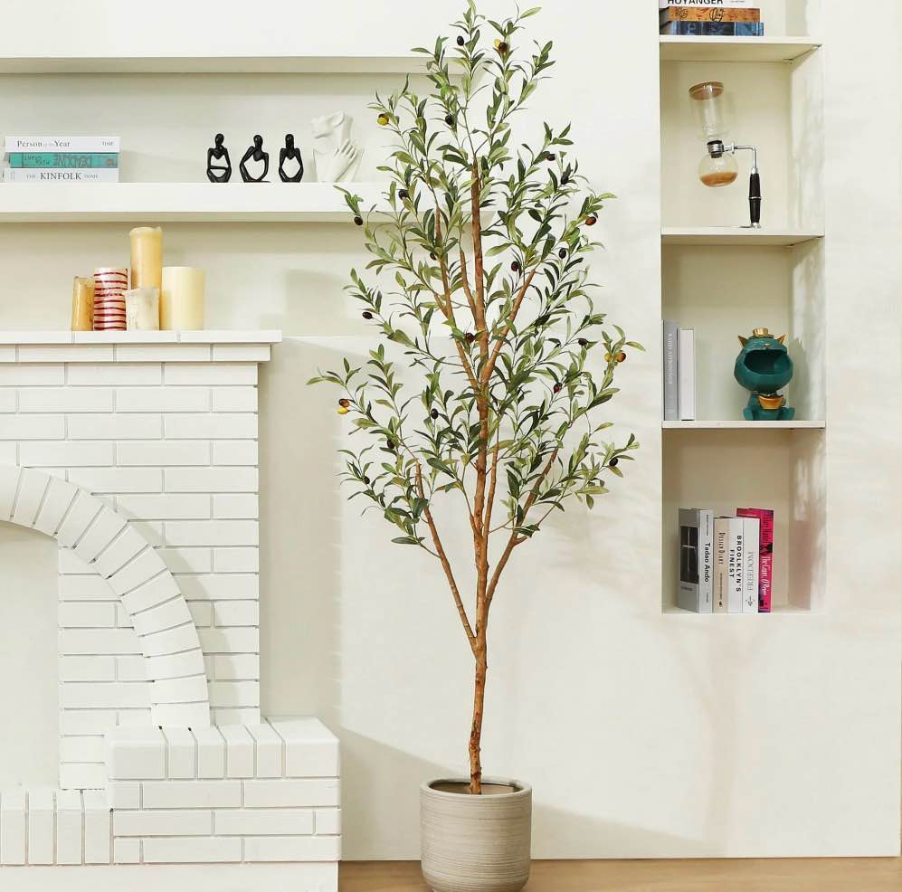 dr.planzen 6ft artificial olive tree indoor, tall faux olive tree, artificial plants with natural wood trunk and lifelike fruits for home office decor