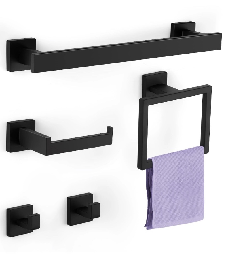vesteel 5 pieces bathroom hardware set, wall mounted stainless steel bathroom accessories kit, towel bar, toilet paper holder, towel ring, robe hooks, towel bar holder sets included