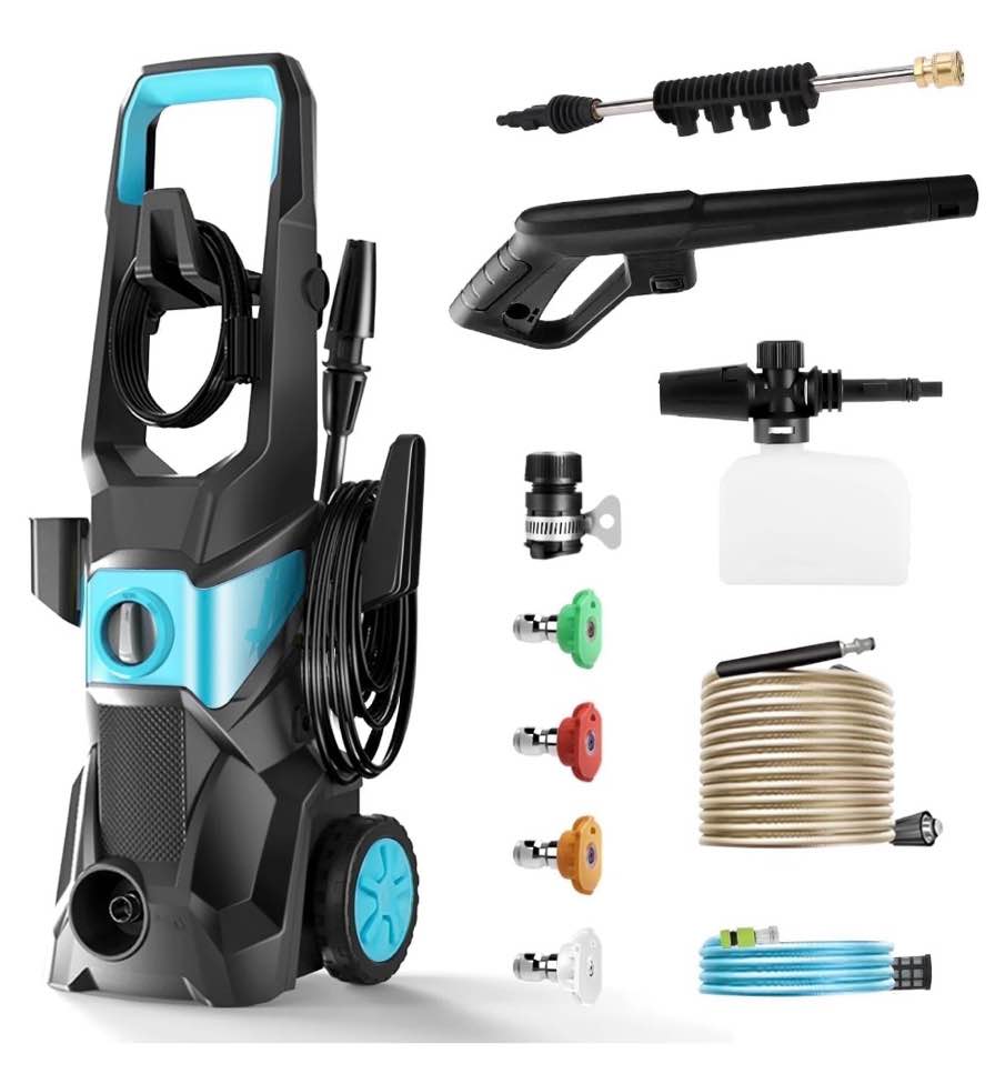 tebru electric pressure washer, 3000psi max 2.4 gpm power washer with 32 ft hose, 4 quick connect nozzles, foam cannon, suitable for clean cars, patios, driveways, fences, pool