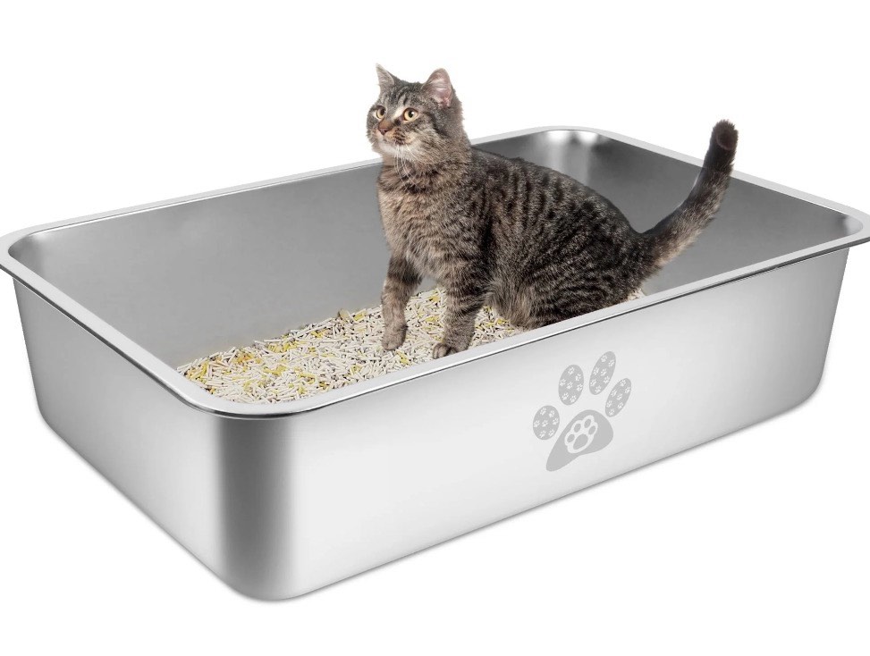 ptlom cat litter box with high sides large stainless steel cat litter pan 23.6  x 15.7  x 5.9