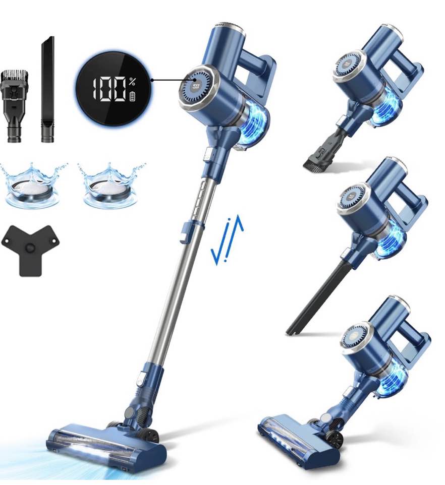 prettycare cordless stick vacuum cleaner, 2600mah 6-in-1 lightweight upright for carpet hard floor pet hair w200 upgraded