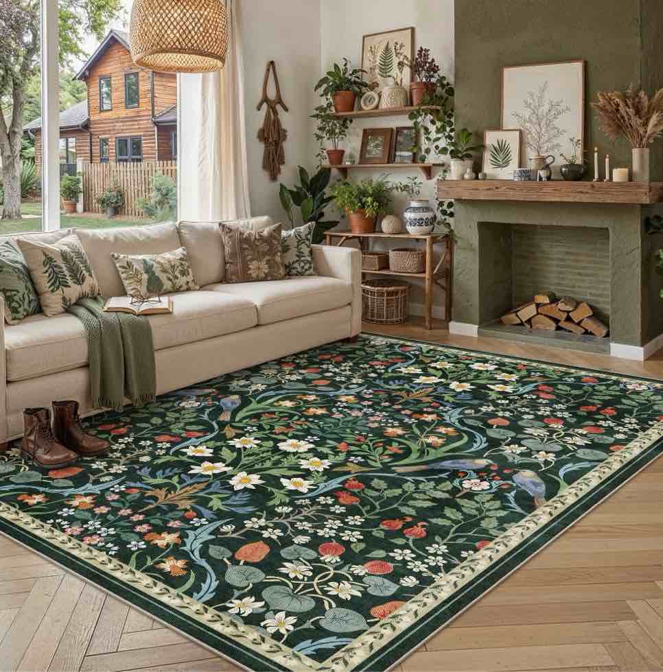 berthmeer 5 x7  area rugs for living room bedroom kitchen farmhouse rugs non slip washable floral vintage green carpets oriental flower office dorm dining room throw rugs  multicolor