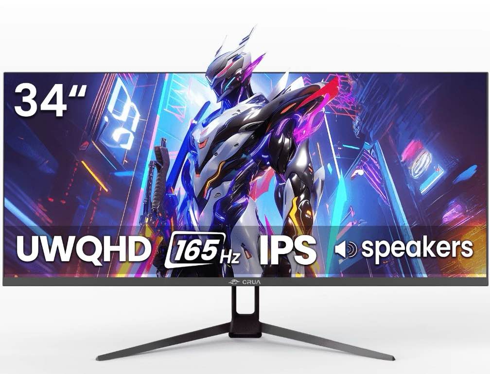 crua 34 inch 165hz uwqhd ips utrawide gaming monitor,3440x1440,21:9, built-in speakers,120 srgb,hdmi/dp,wall mountable-black
