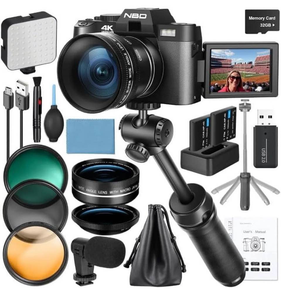 NBD S100 4K Digital Camera, 48MP Sensor, 4K 60FPS Video, Flip 3-Inch Screen, Microphone, Tripod Grip, Wide-Angle and Macro Lens, Black