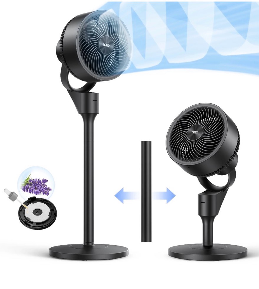 dreo pedestal fan for home, 2-in-1 oscillating fans for table/floor, 80ft floor fan for room, 3 speeds, 25db, ac motor,80° horizontal + 90° manual vertical oscillating standing fan, aroma pad
