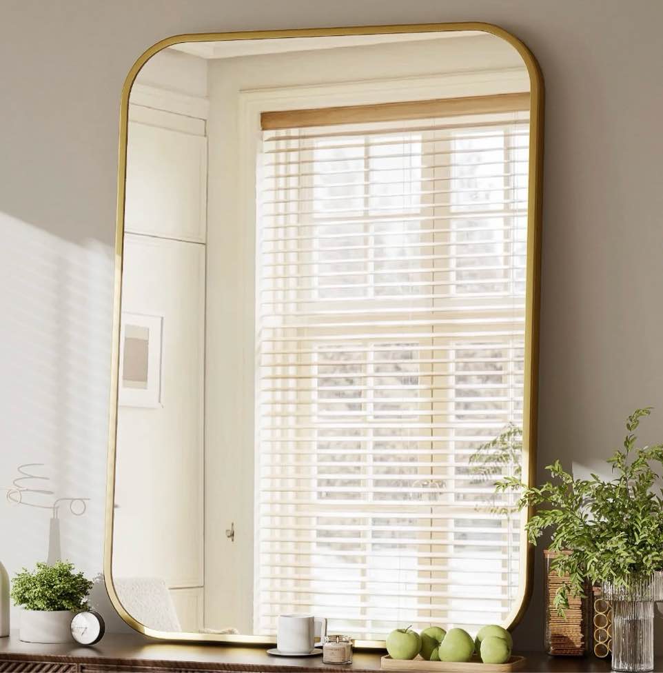 yvanla 36 x24  rectangular bathroom mirror round-edged wall mounted mirror with aluminum alloy frame  gold