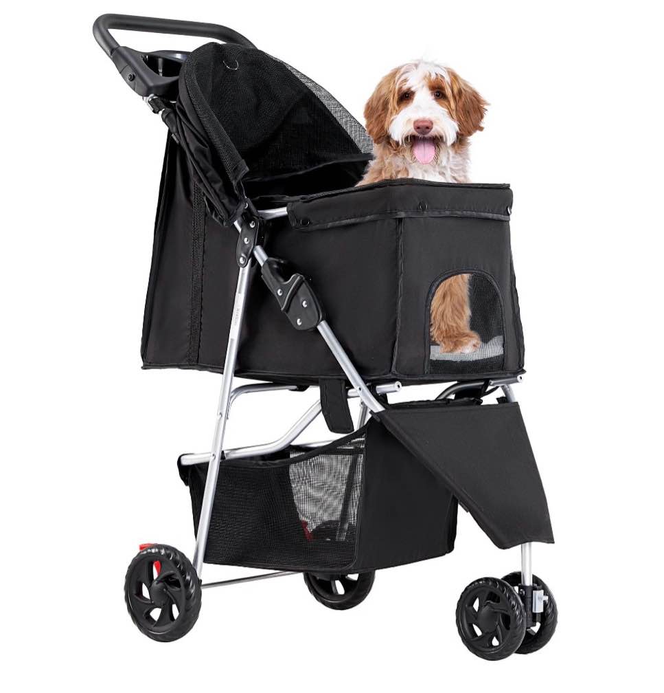 edx dog stroller  pet travel folding carrier with storage basket for cat/dog  3 wheels  black