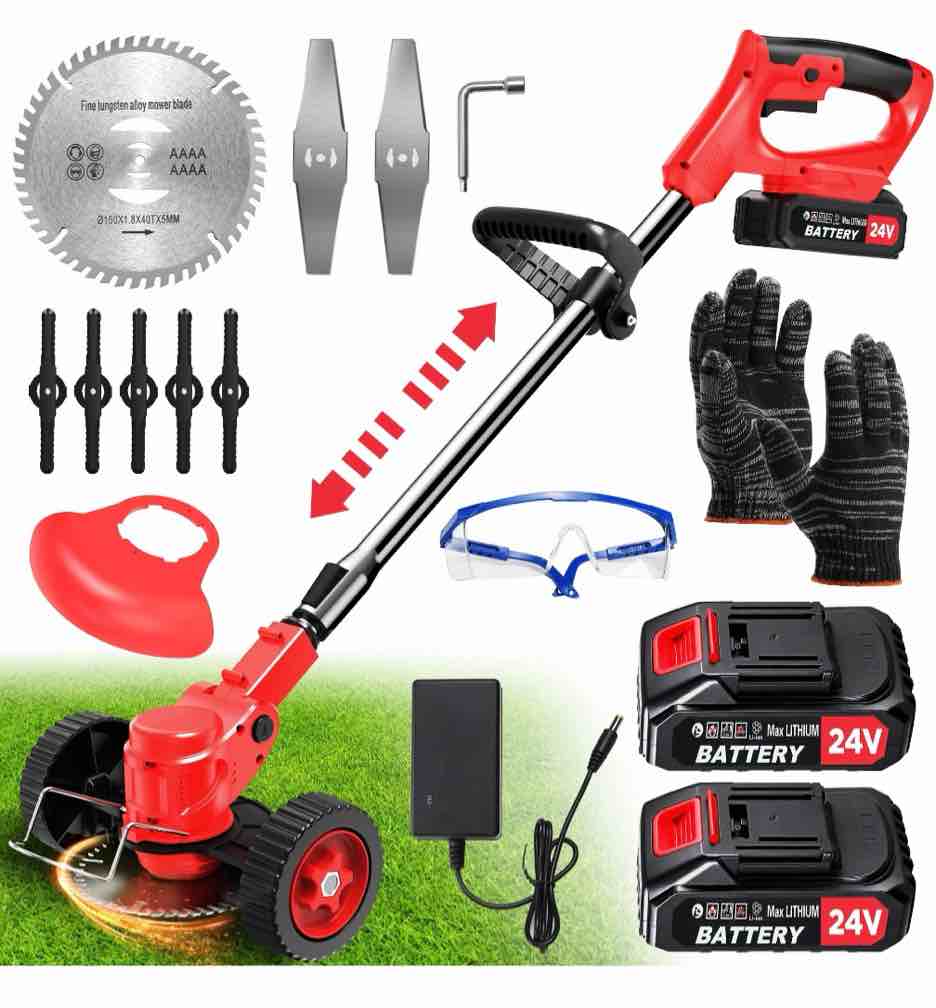 tntants electric weed wacker  cordless string trimmer with wheels  2pcs 24v batteries  3 types of blades  adjustable length  weed eater grass trimmer/edger/brush cutter for lawn yard garden (red)